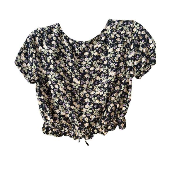 Black Floral Crop Top Shirt Adjustable Ruffle Hem Lightweight Summer Style - Picture 2 of 8